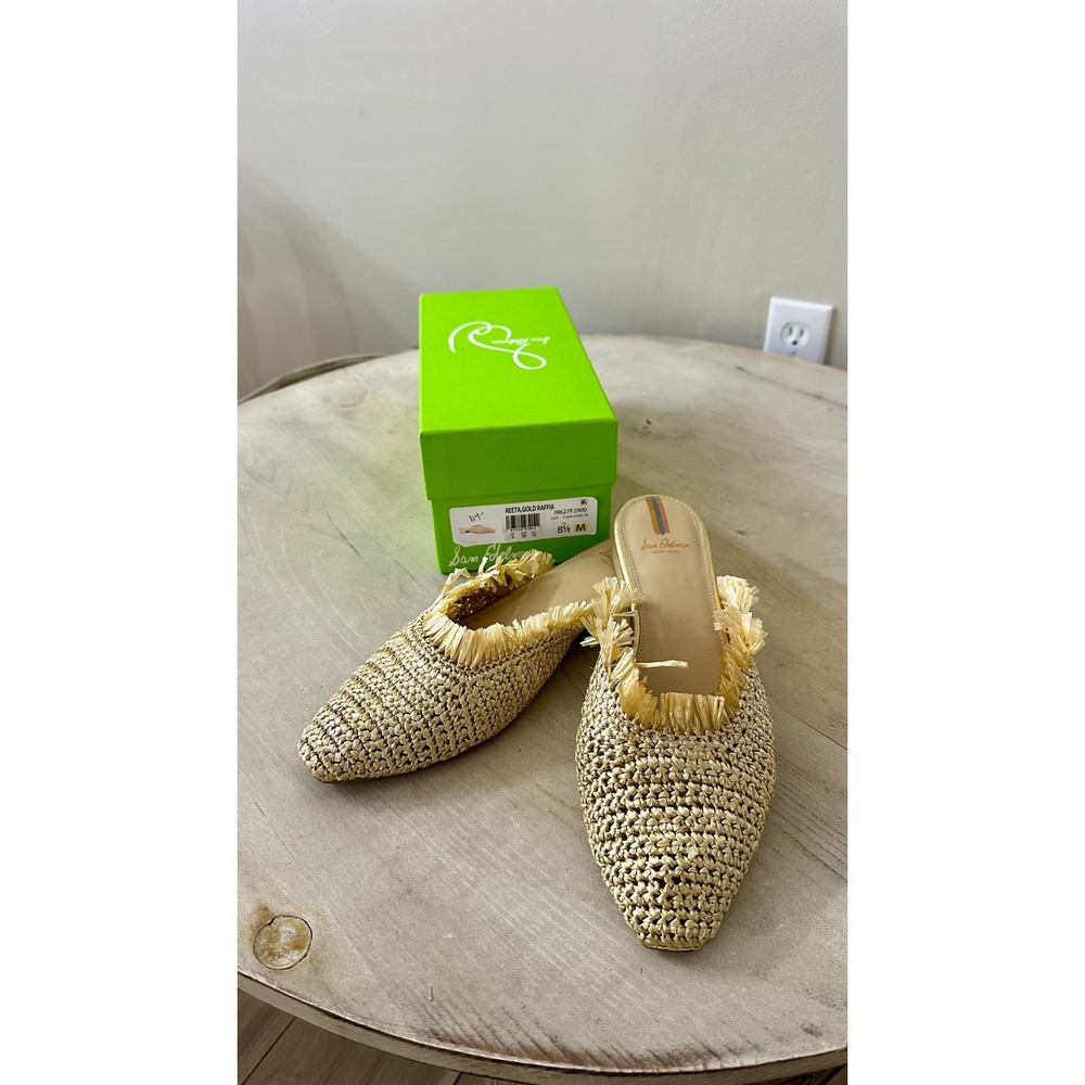 Sam Edelman Reeta Gold Raffia Woven Fringe Pointed Toe Mules 8.5 M 19627F290 - Picture 2 of 6